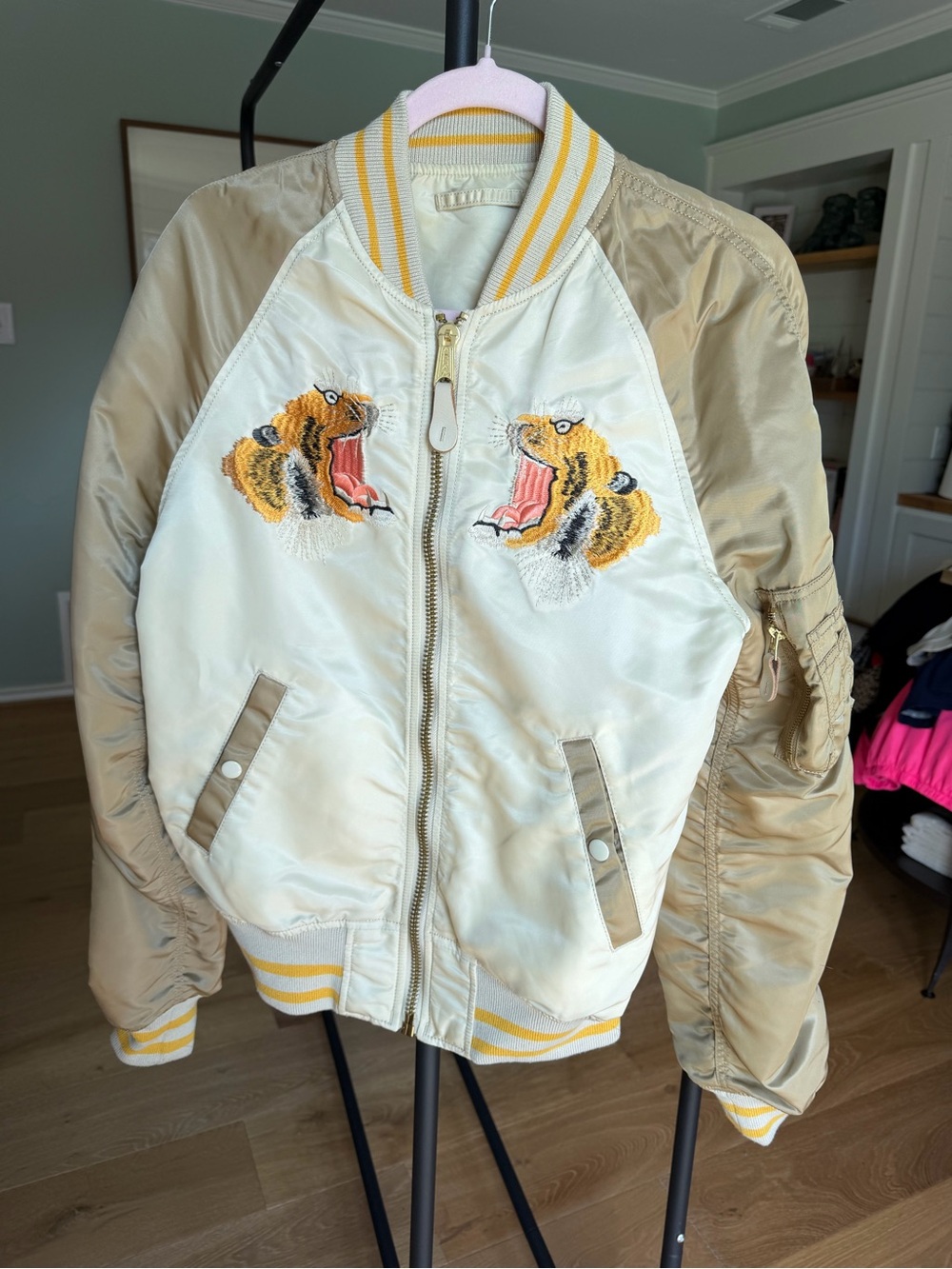 Alpha Industries Limited Edition Cream and Tan Tiger Embroidered Bomber Jacket